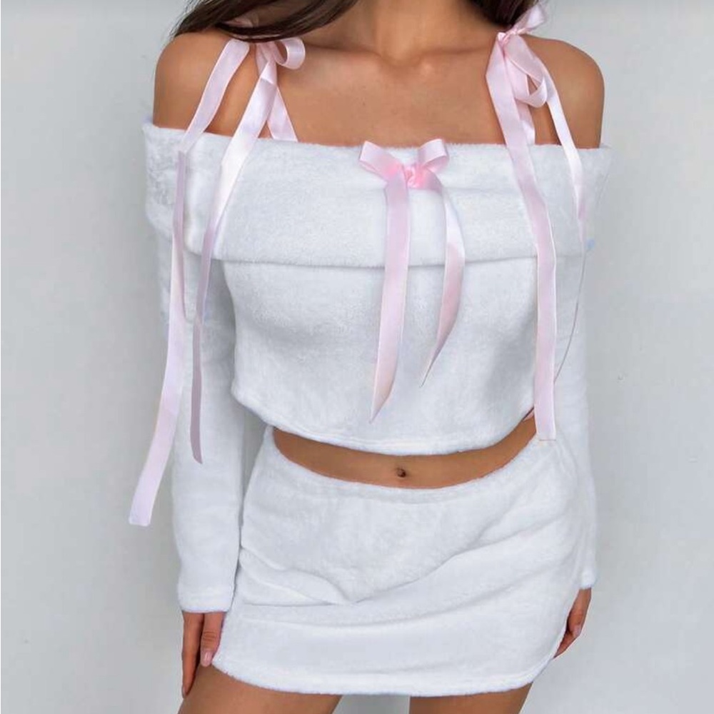 White Plush Off-Shoulder Mini Skirt with Pink Ribbon Detail